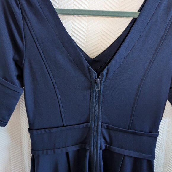 Pink Tartan Navy Stretch Sheath Dress Pockets Zip Back Size Small Tailored Fit - Picture 10 of 13